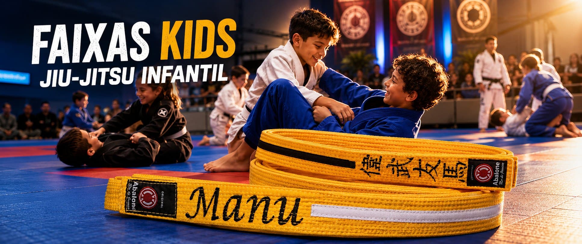 Faixas kids — jiu-jitsu infantil. Personalize a faixa da criança com o nome bordado