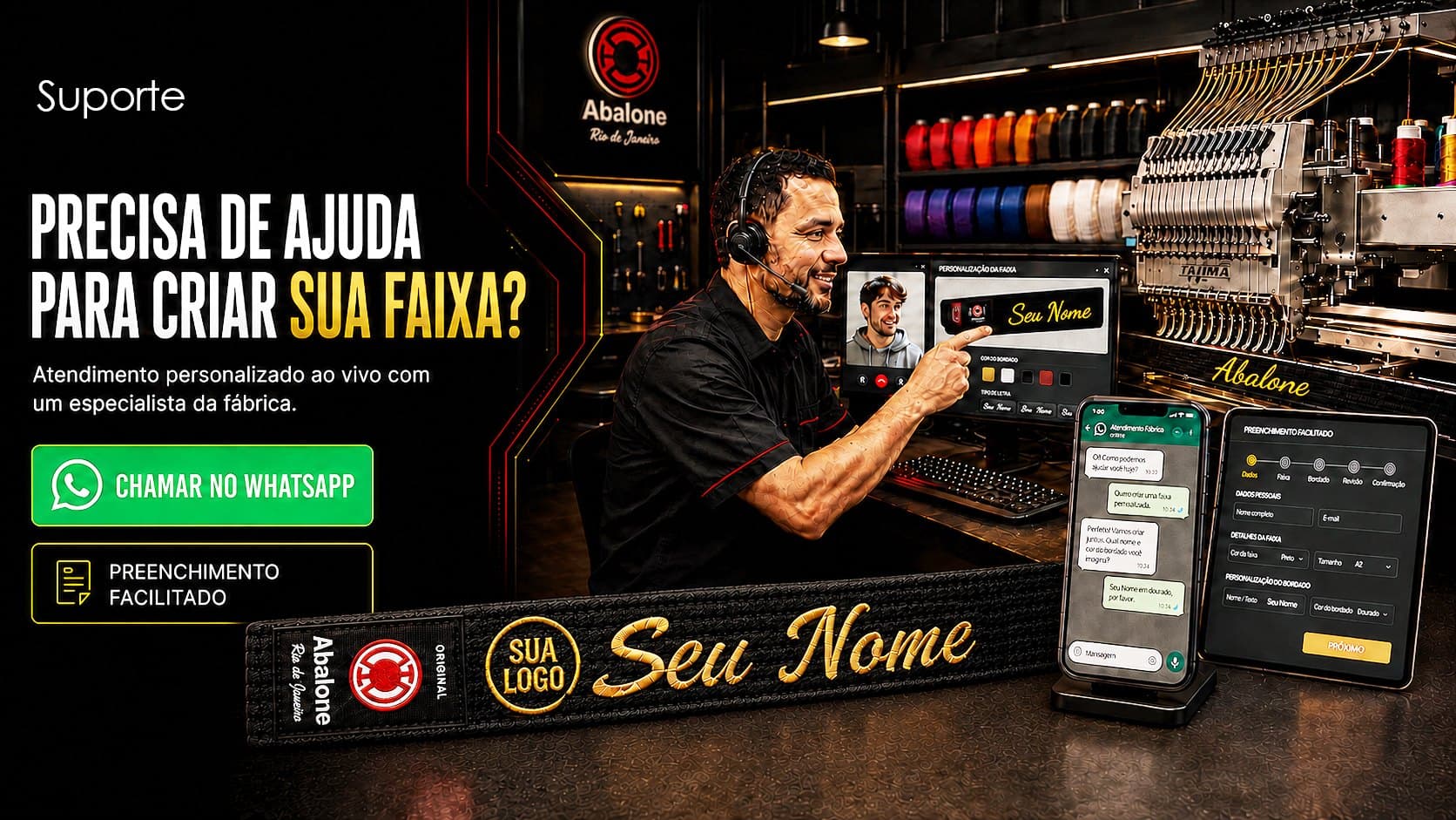 Precisa de ajuda para criar sua faixa? Atendimento ao vivo com um especialista da fábrica — chamar no WhatsApp