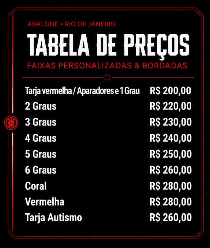Tabela de preços: 1 grau R$ 200, 2 graus R$ 220, 3 graus R$ 230, 4 graus R$ 240, 5 graus R$ 250, 6 graus R$ 260, coral R$ 280, vermelha R$ 280, tarja autismo R$ 260